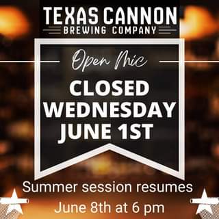The brewery will be closed this Wednesday. Open Mic night will resume normal sc